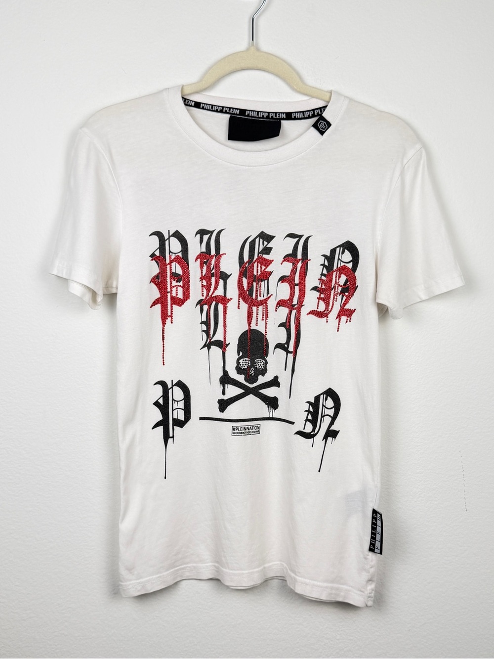 Philipp Plein White Short Sleeve Tee with Red & Black Gothic Skull Graphic
